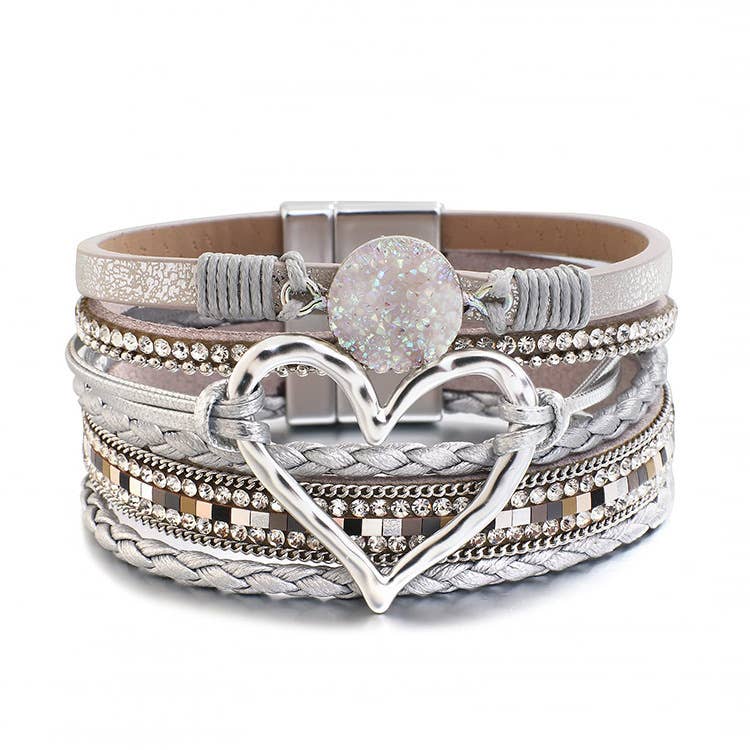 Boho Layered Heart Charm Rhinestone Magnetic Bracelet