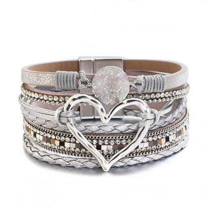 Boho Layered Heart Charm Rhinestone Magnetic Bracelet