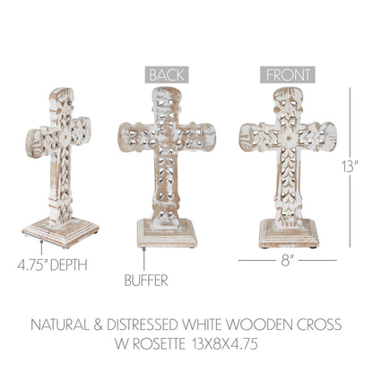 Natural Distressed White Wooden Cross w/ Rosette 13x8