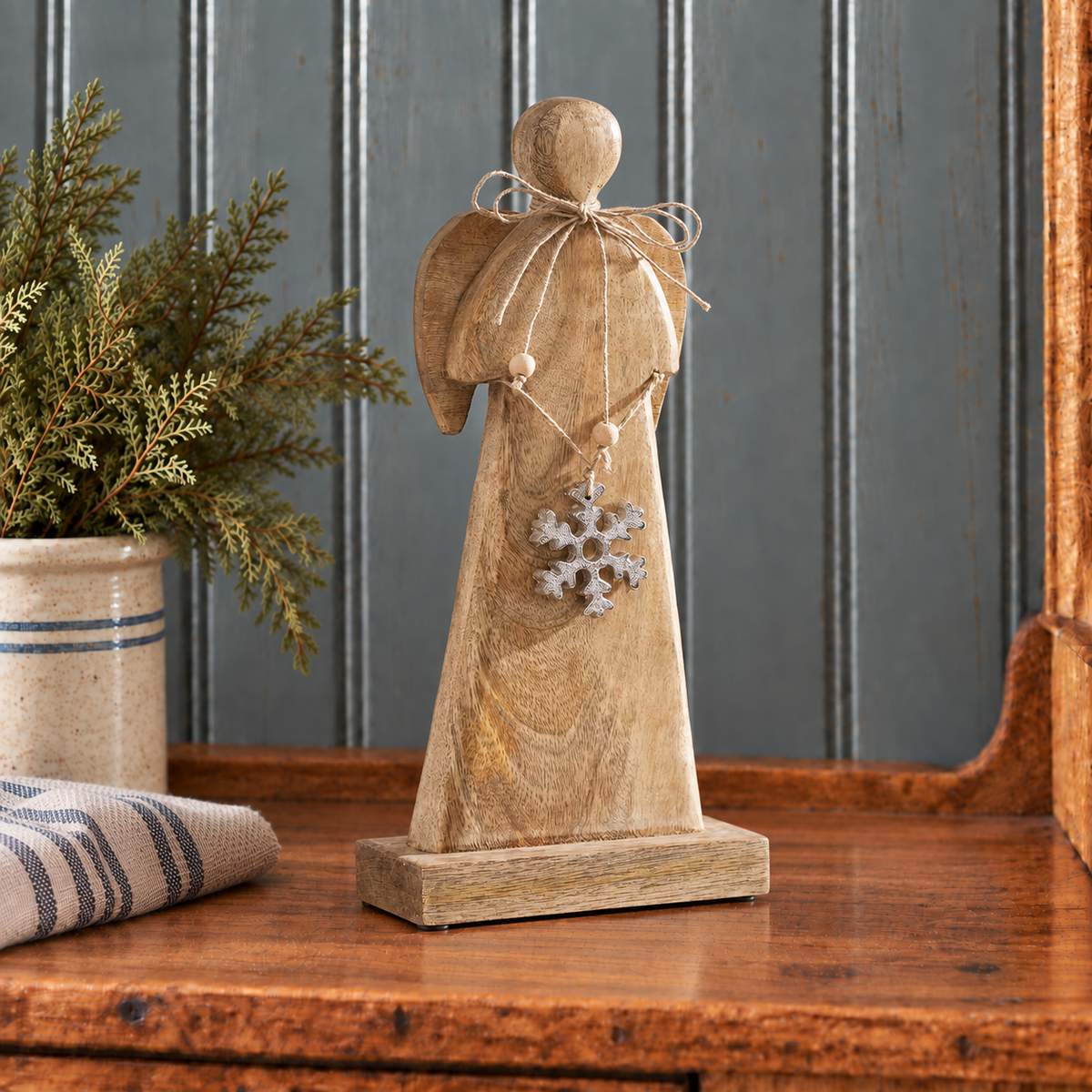 Wooden Christmas Angel w/ Snowflake Farmhouse Decor 12"
