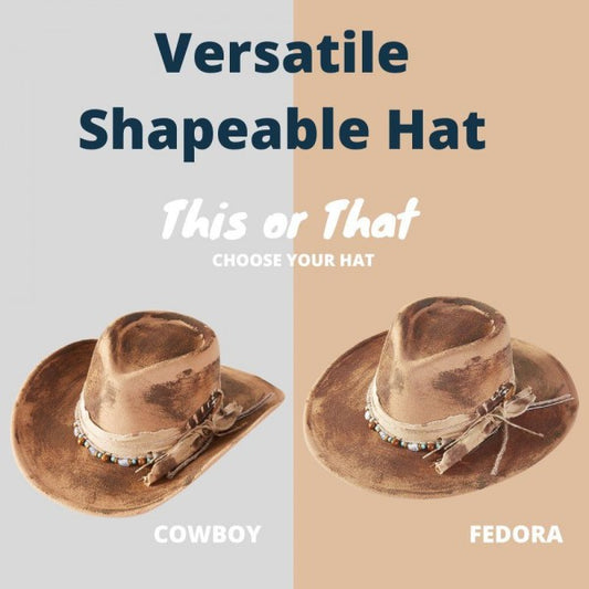 Rustic Cowgirl & Fedora Hat With Feather & Distressed Fabric Band 7202354