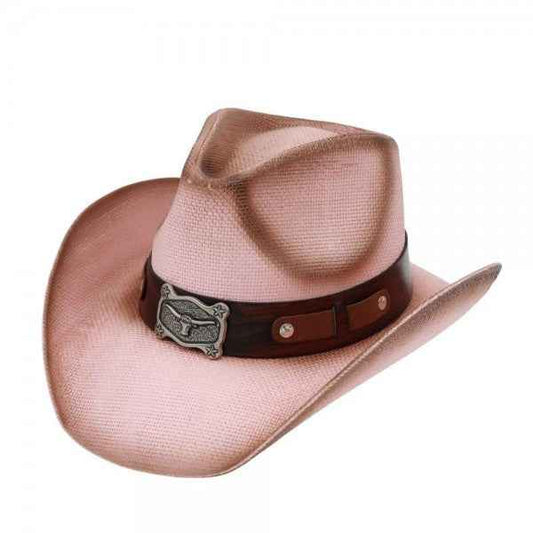7203027 Two Tone Straw Cowboy Hat With Steer Concho