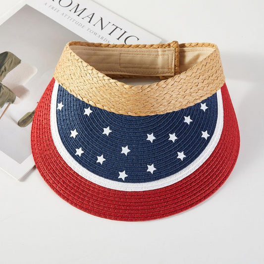 American Flag Themed Straw Sun Visor Hat