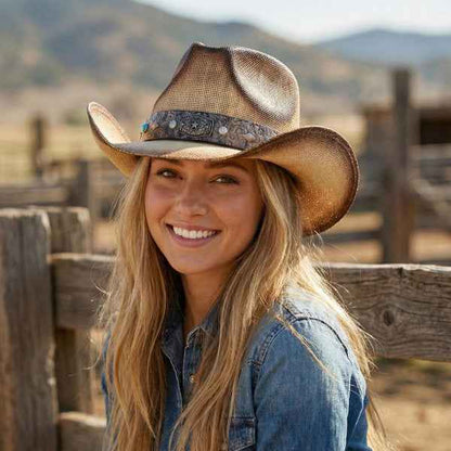 7203258 Vintage Straw Cowboy Hat With Rustic Studded Band & Star Concho