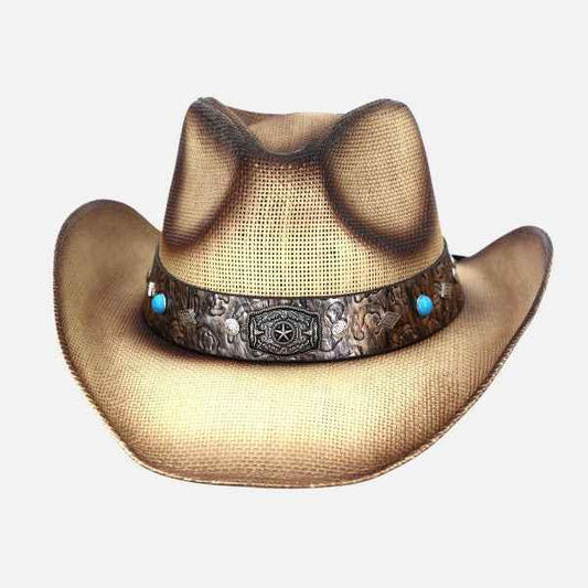 7203258 Vintage Straw Cowboy Hat With Rustic Studded Band & Star Concho