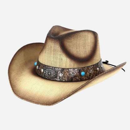 7203258 Vintage Straw Cowboy Hat With Rustic Studded Band & Star Concho