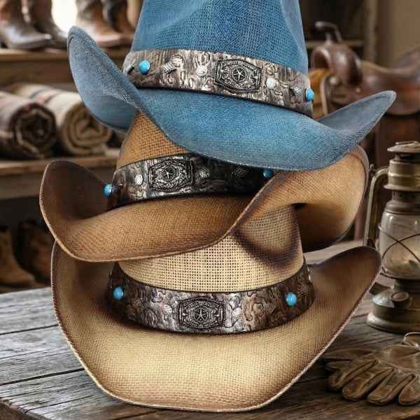 7203258 Vintage Straw Cowboy Hat With Rustic Studded Band & Star Concho