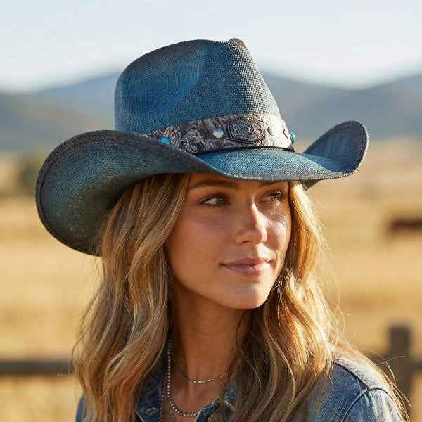 7203258 Vintage Straw Cowboy Hat With Rustic Studded Band & Star Concho