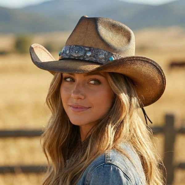 7203258 Vintage Straw Cowboy Hat With Rustic Studded Band & Star Concho