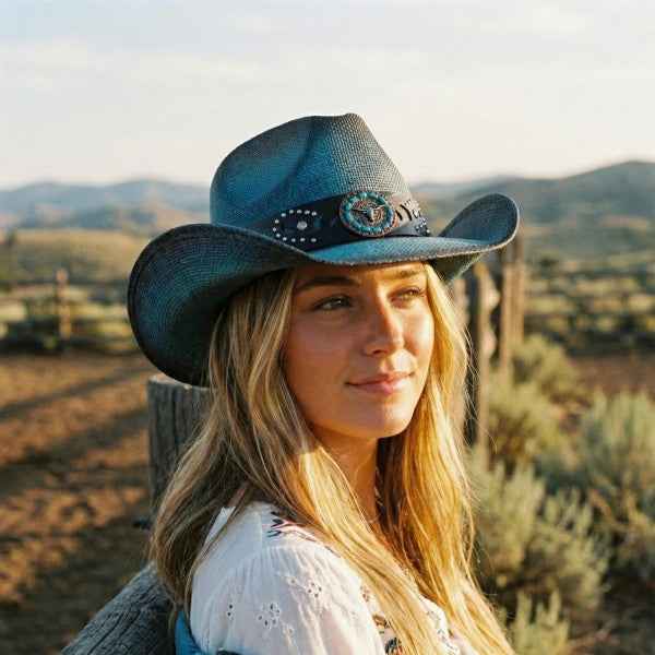 7203262 Vintage Straw Cowboy Hat With Studded Details