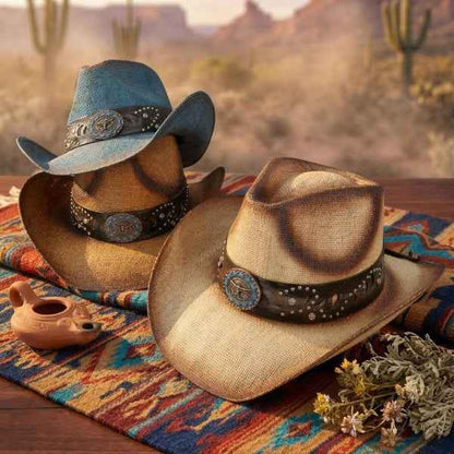 7203262 Vintage Straw Cowboy Hat With Studded Details
