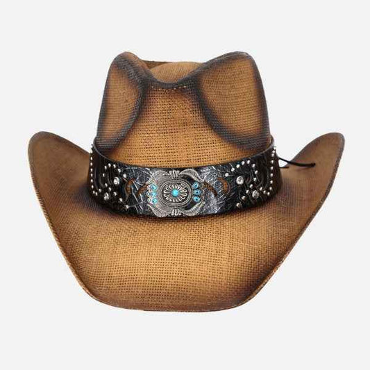 7203266 Vintage Straw Cowboy Hat With Turquoise Gem Flower Concho Band