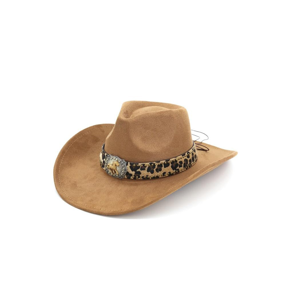 Faux Suede Cowboy Hat Finished W/A Tooled Leather Look Band & A Silver Tone Concho