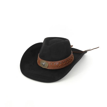 Faux Suede Cowboy Hat Finished W/A Tooled Leather Look Band & A Silver Tone Concho