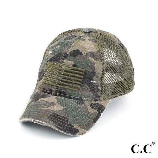 Distressed Camo Baseball Cap With Embroidered USA Flag