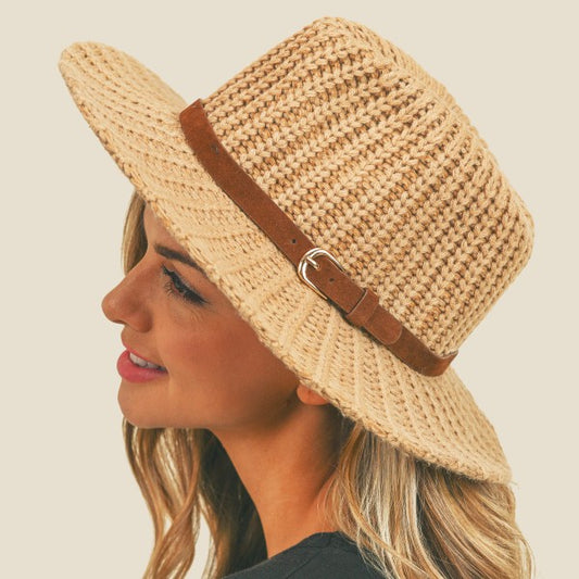 Knit Wide Brim Panama Hat With Faux Leather Band
