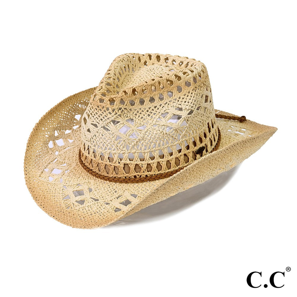 Ombre Open Weave Cowboy Hat With Braided Suede Trim Band