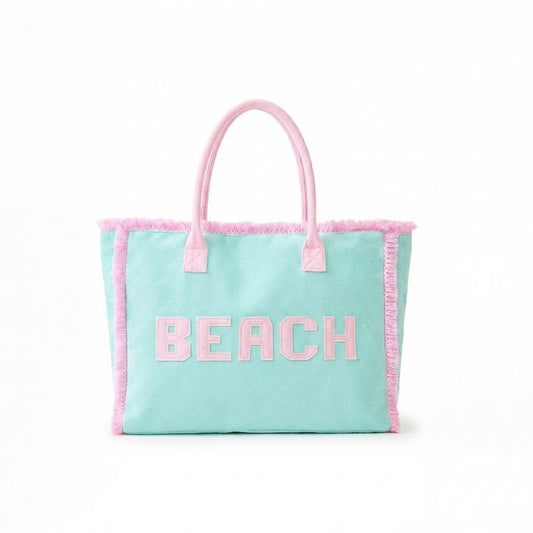 "BEACH" Terry Cloth Tote Bag With Fringe Detail
