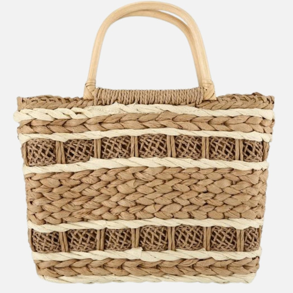 Two Tone Woven Straw Tote Bag with Handle