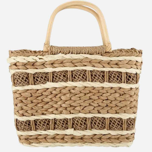 Two Tone Woven Straw Tote Bag with Handle