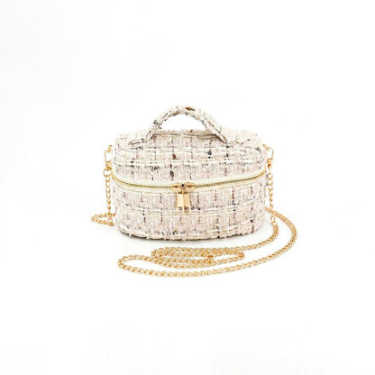 Tweed Vanity Box Bag W/A Gold Tone Chain Strap, Top Zip Closure, And A Knotted Top Handle