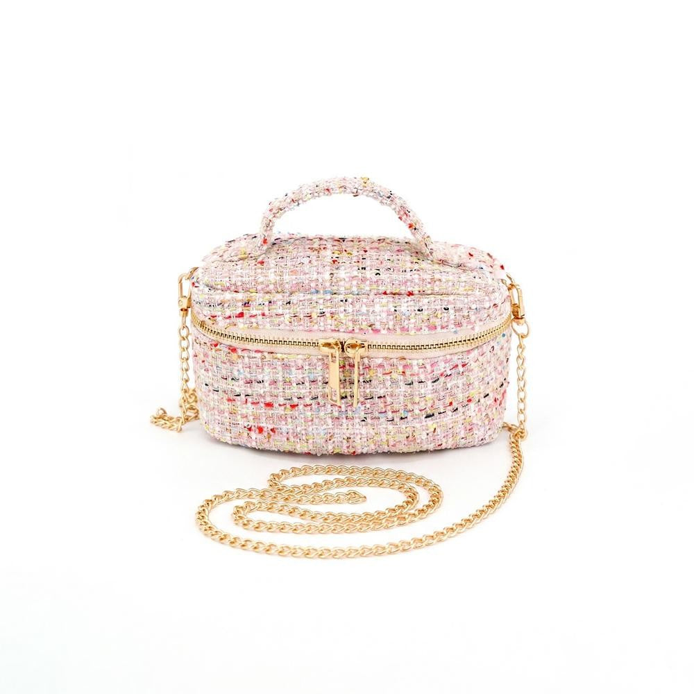 Tweed Vanity Box Bag W/A Gold Tone Chain Strap, Top Zip Closure, And A Knotted Top Handle