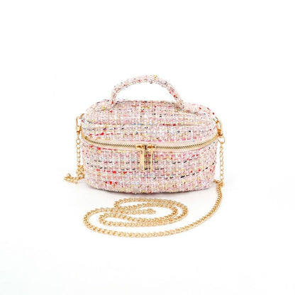 Tweed Vanity Box Bag W/A Gold Tone Chain Strap, Top Zip Closure, And A Knotted Top Handle