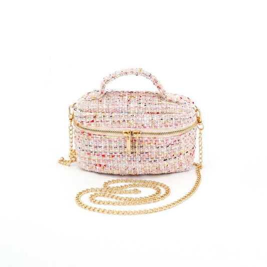 Tweed Vanity Box Bag W/A Gold Tone Chain Strap, Top Zip Closure, And A Knotted Top Handle
