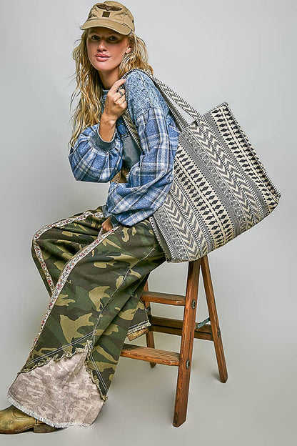 Bohemian Printed Quilted Striped Bias Tape Woven Tote Bag
