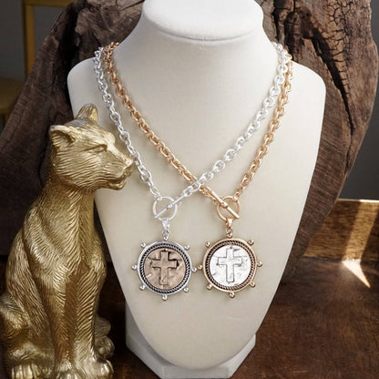 Cross Coin Chain Necklace with Front Toggle Closure – Silver or Gold Tone