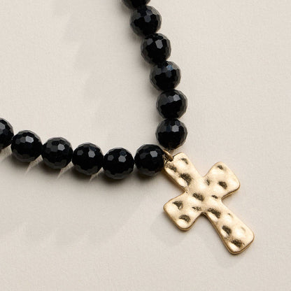 Glass Bead Hammered Cross Charm Necklace | Christian Jewelry
