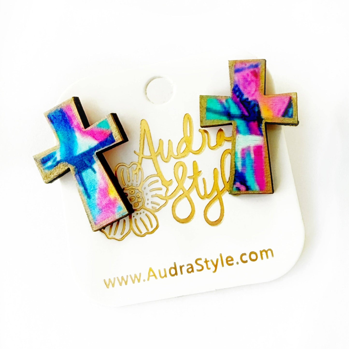 Blue and Pink Abstract Cross Stud - Colorful Earring