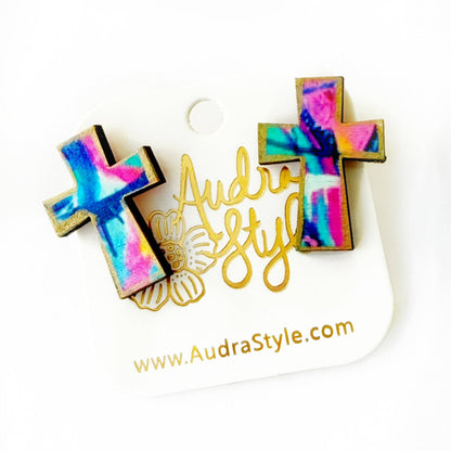 Blue and Pink Abstract Cross Stud - Colorful Earring