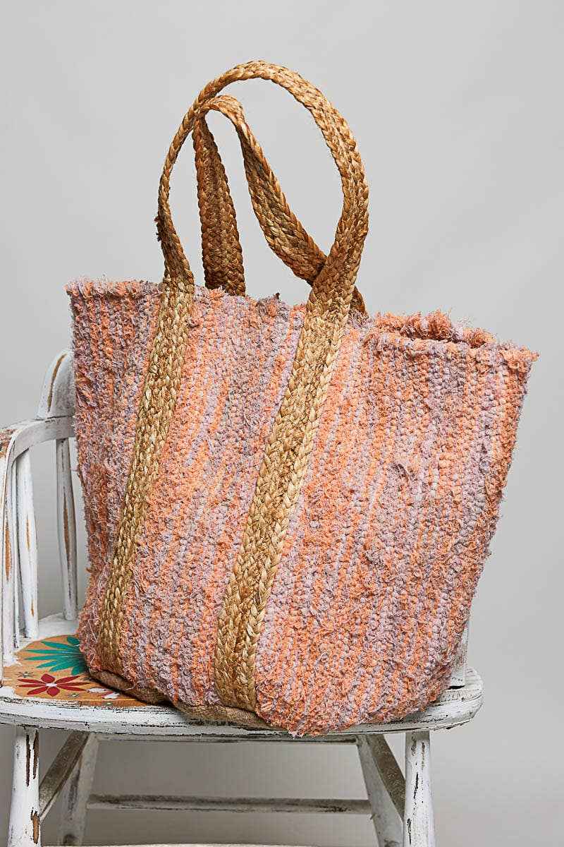 Handwoven Orange Striped Textured Bohemian Casual Tote Bag