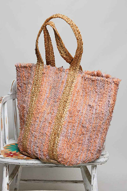 Handwoven Orange Striped Textured Bohemian Casual Tote Bag