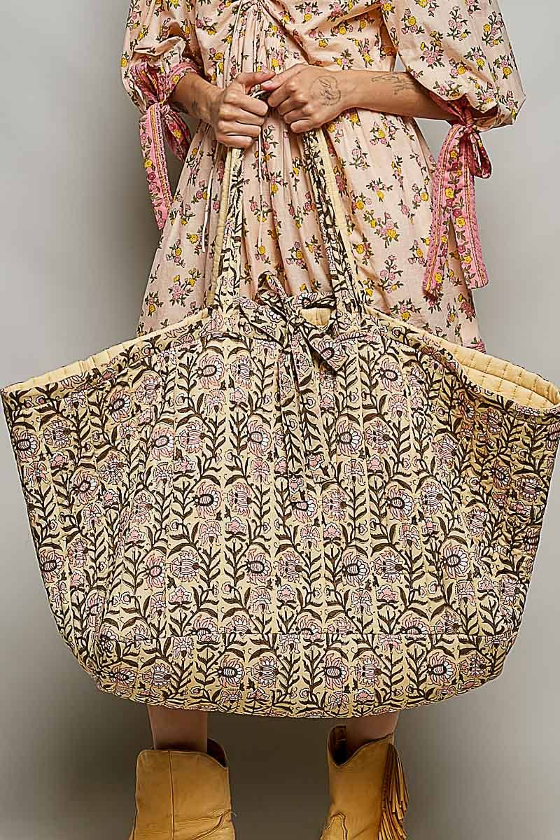 Ribbon-Tie Quilted Floral Jumbo Tote Bag