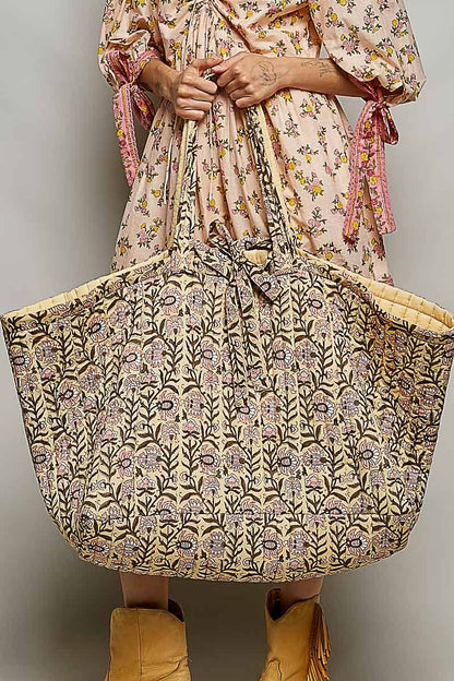 Ribbon-Tie Quilted Floral Jumbo Tote Bag