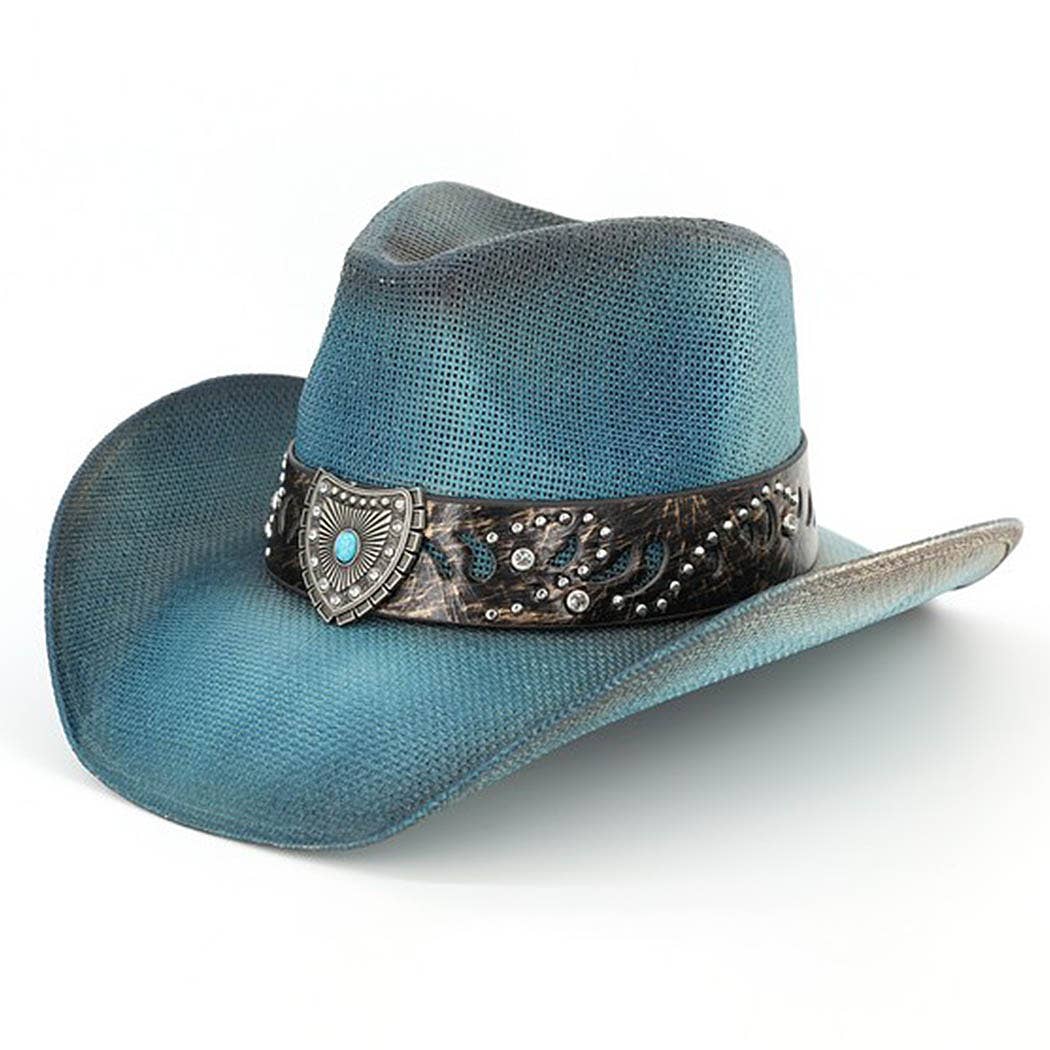 Vintage Straw CowboyHat With Turquoise Shield &Sunburst Band