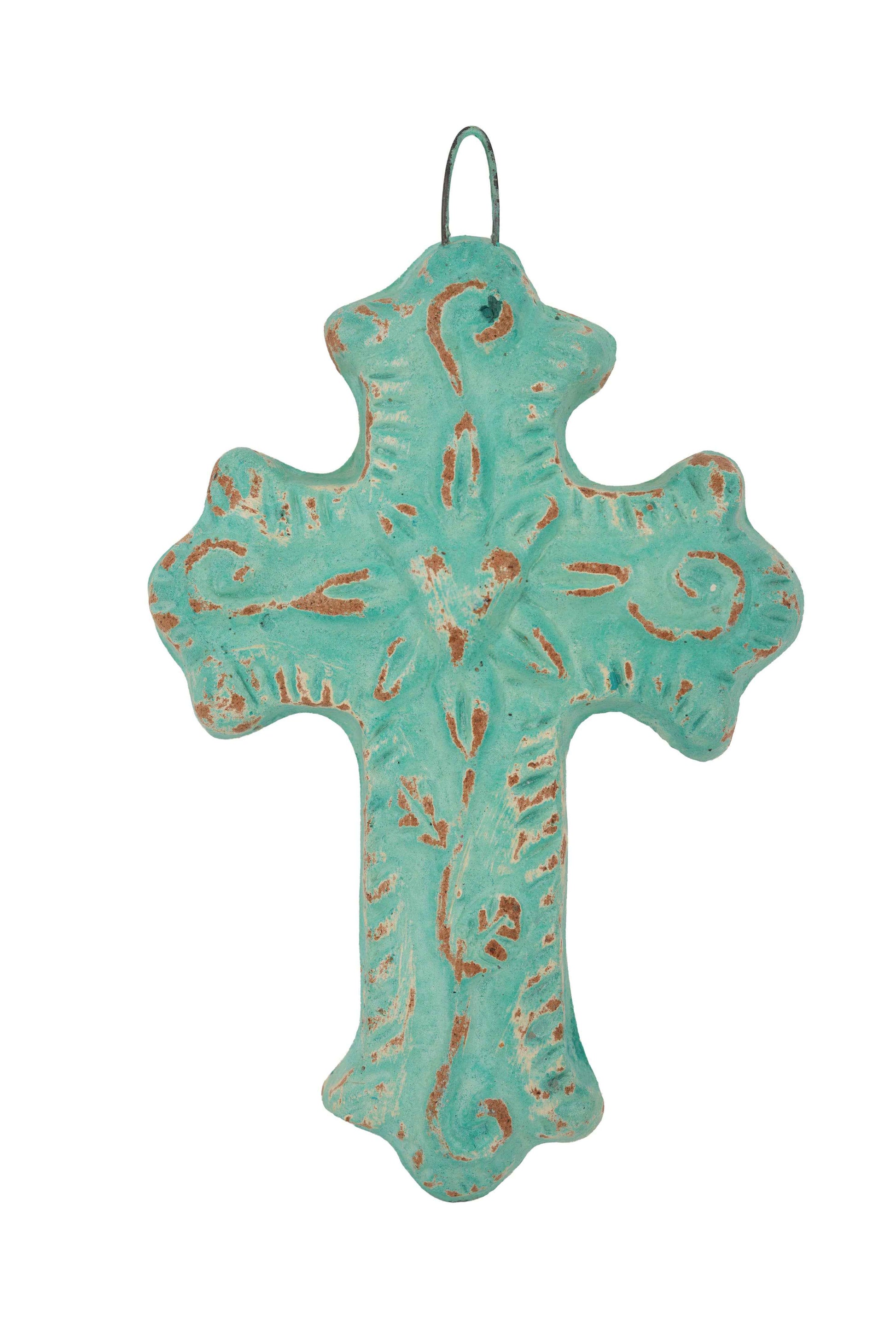 Hugo-Flower Clay Cross-Handmade-Wall-4.5x6.5-Small-Turquoise