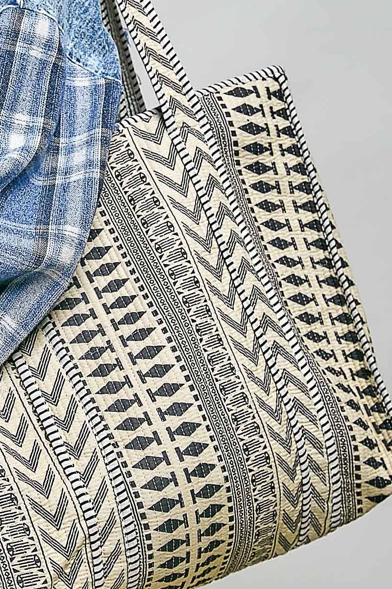 Bohemian Printed Quilted Striped Bias Tape Woven Tote Bag