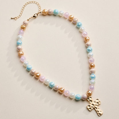 Glass Bead Hammered Cross Charm Necklace | Christian Jewelry