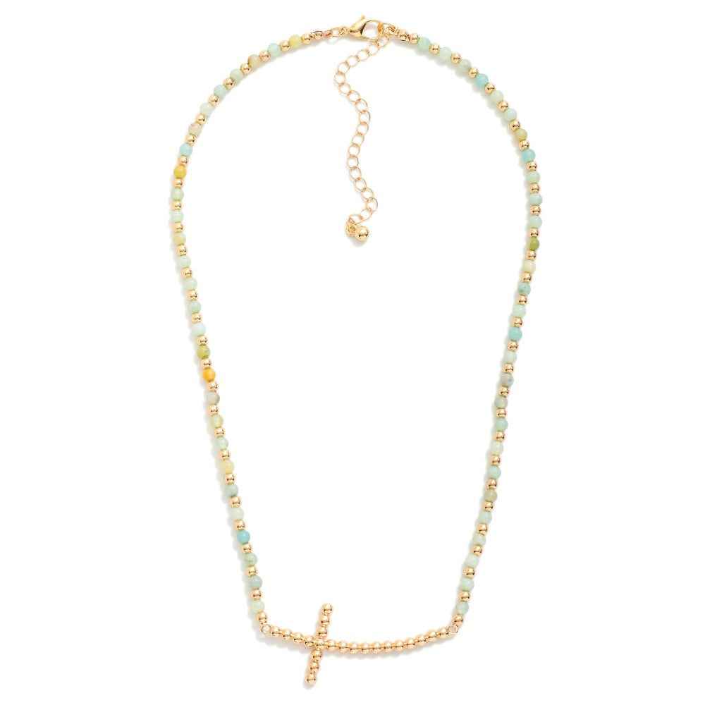 Beaded Necklace Featuring Metal Tone Bubble East West Cross - Havens Marketplace