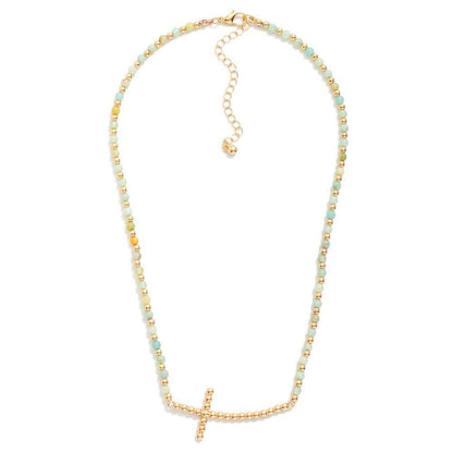 Beaded Necklace Featuring Metal Tone Bubble East West Cross - Havens Marketplace