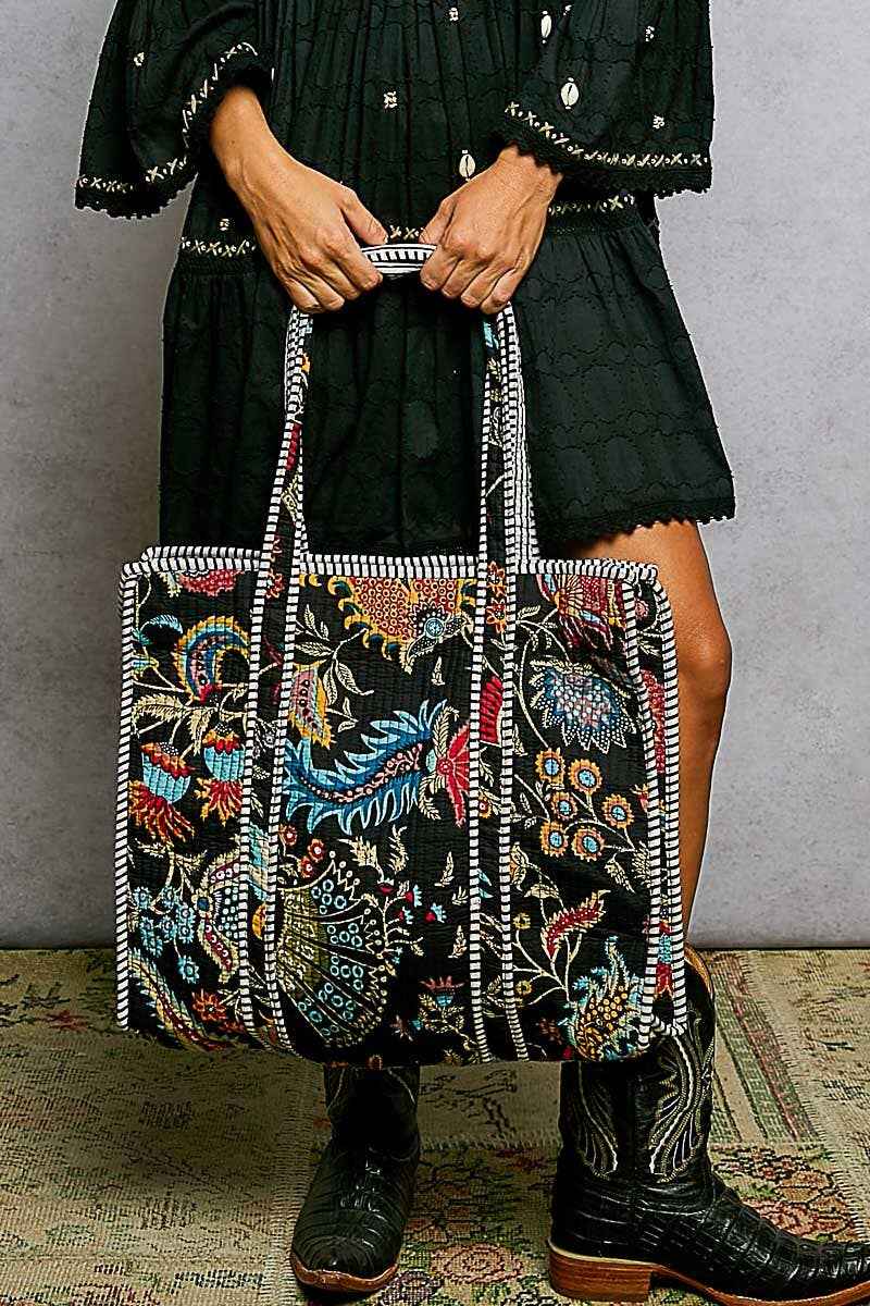 Quilted Striped Binding Roomy Fit Black Tote Bag