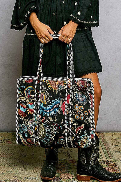 Quilted Striped Binding Roomy Fit Black Tote Bag