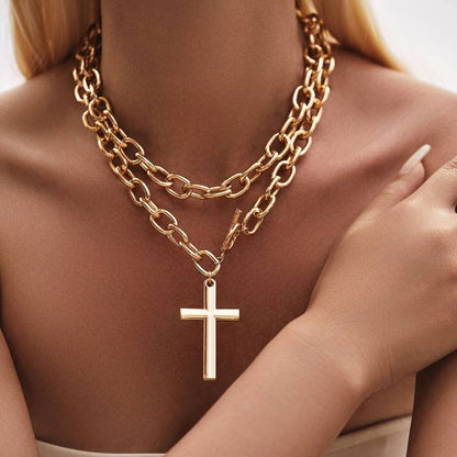 PUFFY CROSS CHUNKY CHAIN STATEMENT TOGGLE NECKLACE | 40NK966