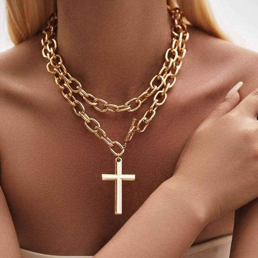 PUFFY CROSS CHUNKY CHAIN STATEMENT TOGGLE NECKLACE | 40NK966