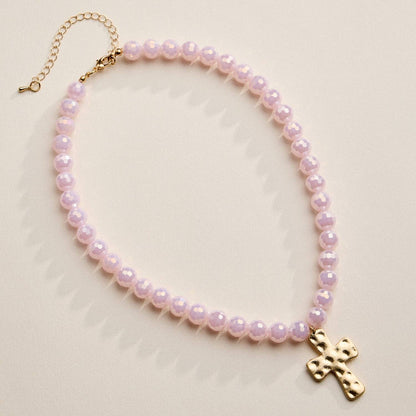 Glass Bead Hammered Cross Charm Necklace | Christian Jewelry