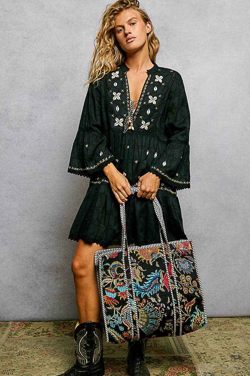 Quilted Striped Binding Roomy Fit Black Tote Bag