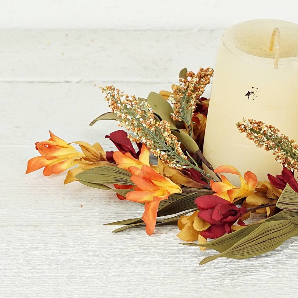 31633-3.5in Candle Ring-Orange Burgundy wild flower w/ heather